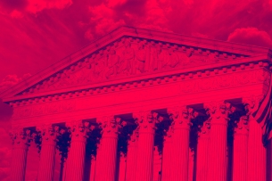 Facade of U.S. Supreme Court with a red-colored filter applied.